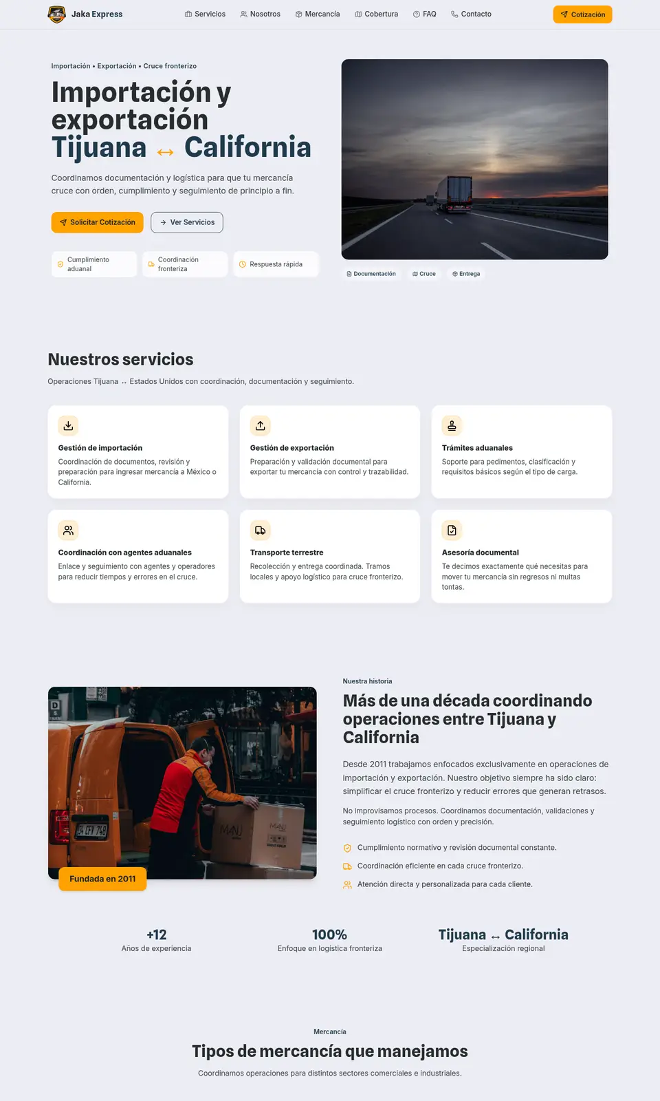 Sitio web de Jaka Express, logística y comercio exterior en Tijuana, BC, diseñado por Jumalancers