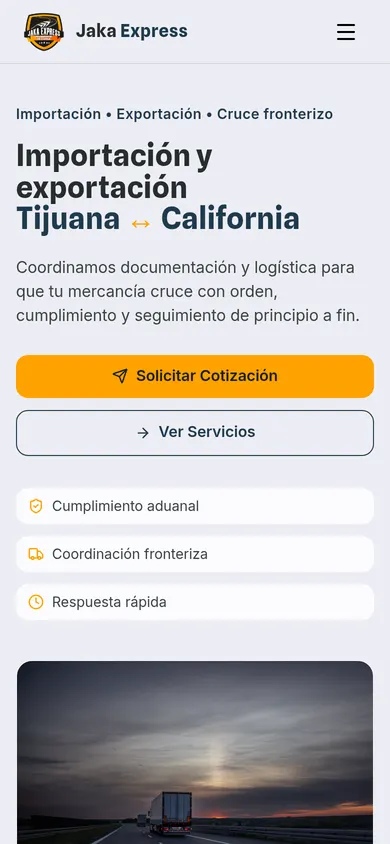 Versión móvil del sitio de Jaka Express, logística y comercio exterior en Tijuana