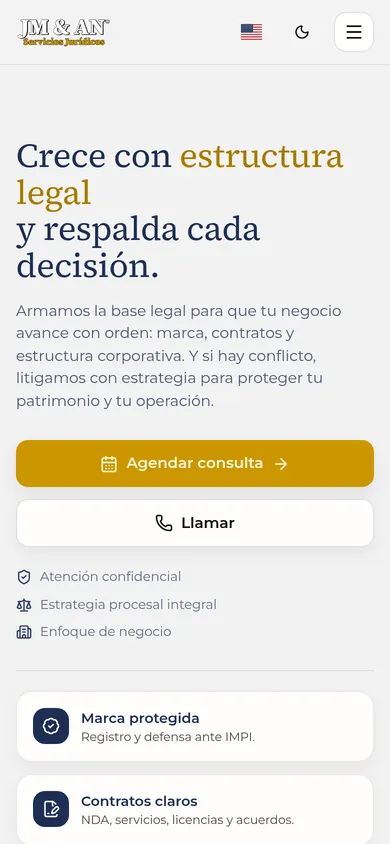 Versión móvil del sitio web de JM & AN Abogados, diseñado por Jumalancers